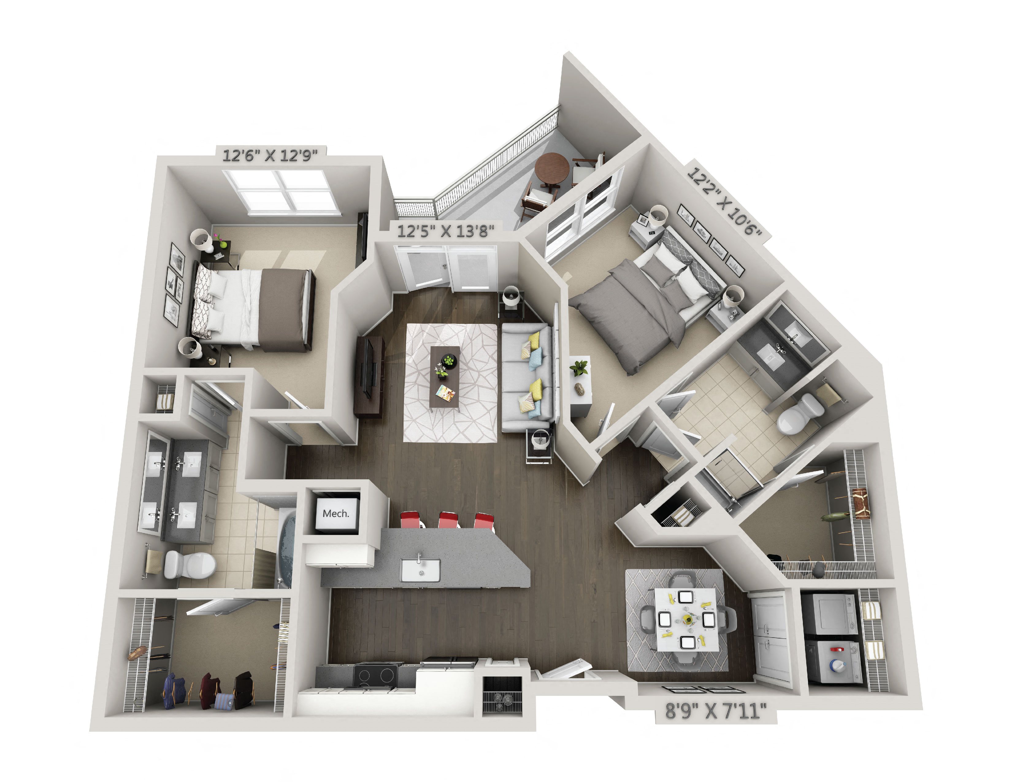 Floor plan for 2 beds, 2 baths, 1115 sqft
